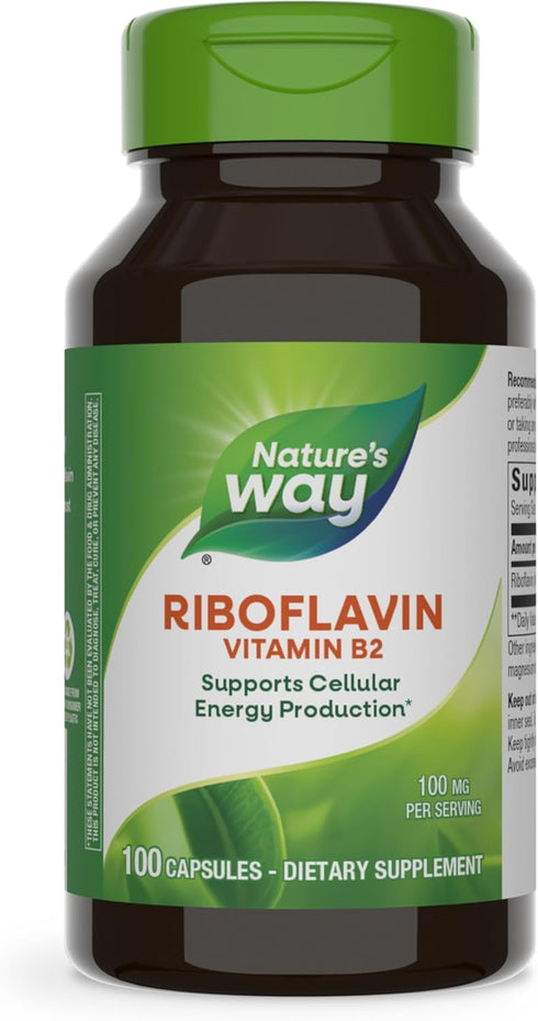 Nature's Way Riboflavin Vitamin B2, 100 mg per Serving, High Potency, Supports Cellular Energy Production, 100 Capsules