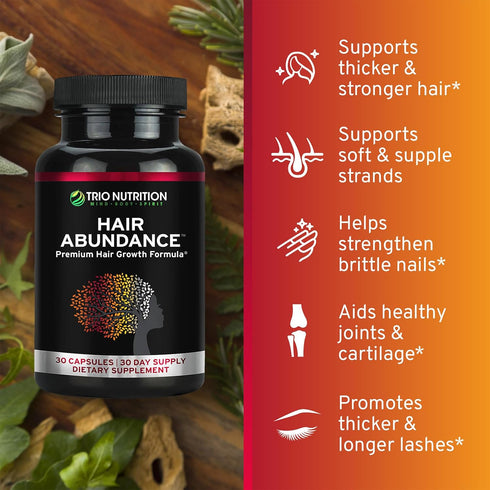 TRIO NUTRITION Biotin Hair Abundance | Hair Growth Vitamins for Stronger Hair, Skin & Nails | Biotin 10000mcg | Boosted with Essential Minerals Collagen & Keratin | Hair Supplement | 30 Day Supply