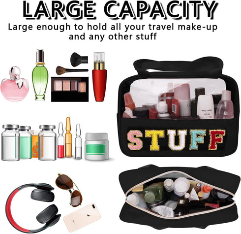 Chenille Letter Patch Stuff Bag, Preppy Clear Makeup Cosmetic Bag, Large Toiletry Storage Tote (Black)