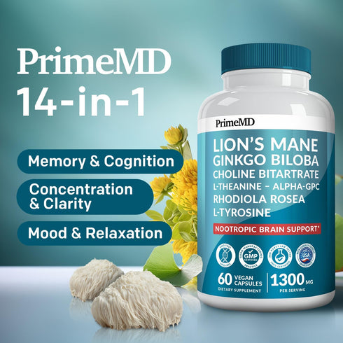 14-in-1 Lions Mane Supplement Capsules, Nootropic Brain Support with Ginkgo Biloba, 2pk