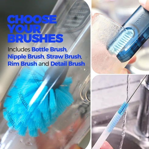 Holikme 6 Pack Bottle Brush Set, 14" Long Handle Stainless Steel Cleaner, 3 Straw Brushes, Blue