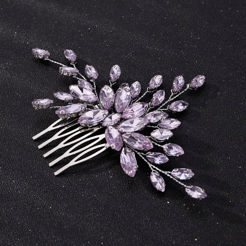 Women Dainty Simple Full Rhinestones Hair Comb, Luxurious Bridal Side Hair Accessories (Light Purple)