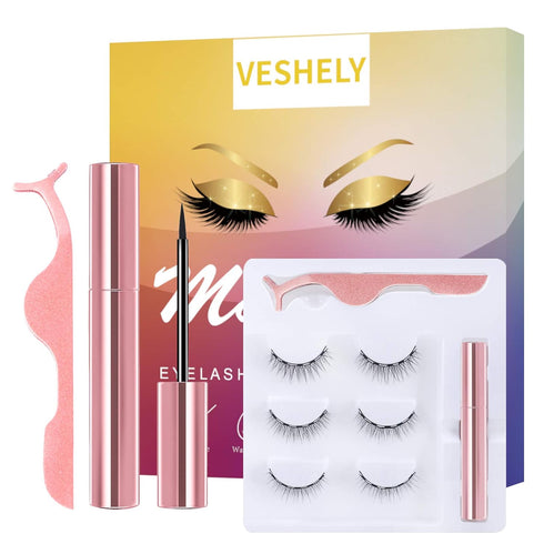 Natural Magnetic Eyelashes with Eyeliner, 3 Pairs 3D Short False Lashes Kit - No Glue Needed