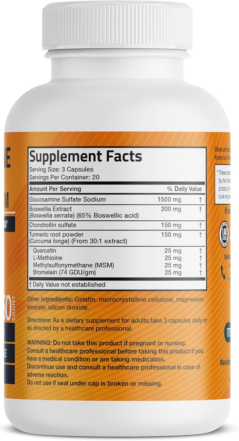 Bronson Glucosamine Chondroitin Turmeric & MSM Advanced Joint & Cartilage Formula, Supports Healthy Joints, Mobility & Cartilage - Non-GMO, 60 Capsules