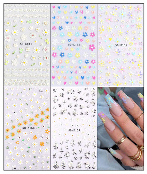 5 Sheets 3D Embossed Flower Nail Art Stickers Decals 5D Self-Adhesive Colorful Daisy Blossom Nail Supplies