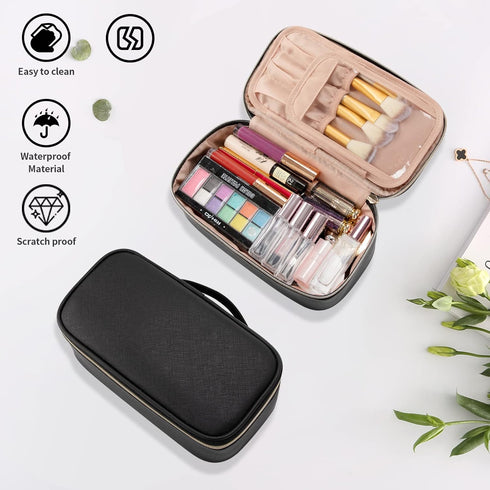 OCHEAL Small Black Cosmetic Bag, Portable Cute Travel Makeup Pouch for Women & Girls, Makeup Brush Organizer