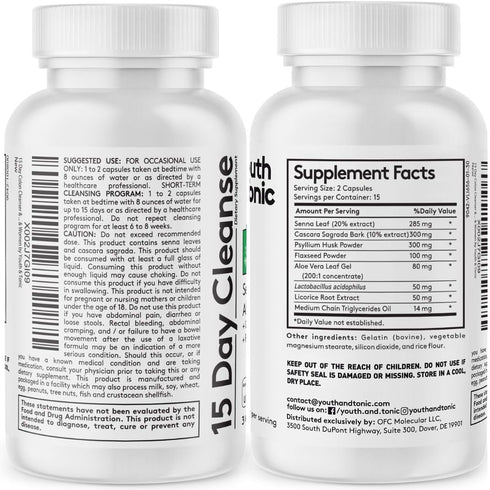 Youth & Tonic 15 Day Colon Cleanser & Detox for Waste Loss, Natural Cleanse Pills for Men & Women, 30 Caps