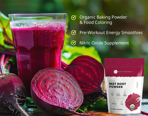 Kate Naturals Beet Root Powder for Baking, Cooking & Food Coloring. Beet Juice Powder for Smoothies & Pre Workout to Boost Energy (8 oz, Organic)
