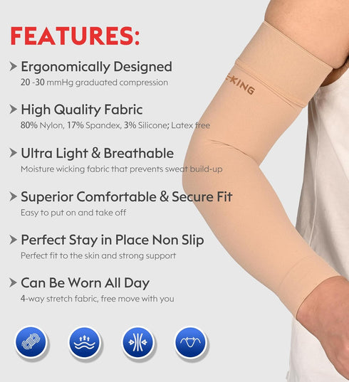KEKING Lymphedema Compression Arm Sleeves with Silicone Band for Men Women, 20-30 mmHg