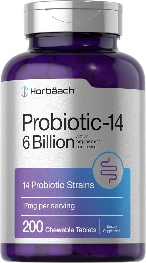 Horbaeach Chewable Probiotics 200 Tablets | 6 Billion CFUs | 14 Probiotic Strains | Vegetarian, Non-GMO & Gluten Free
