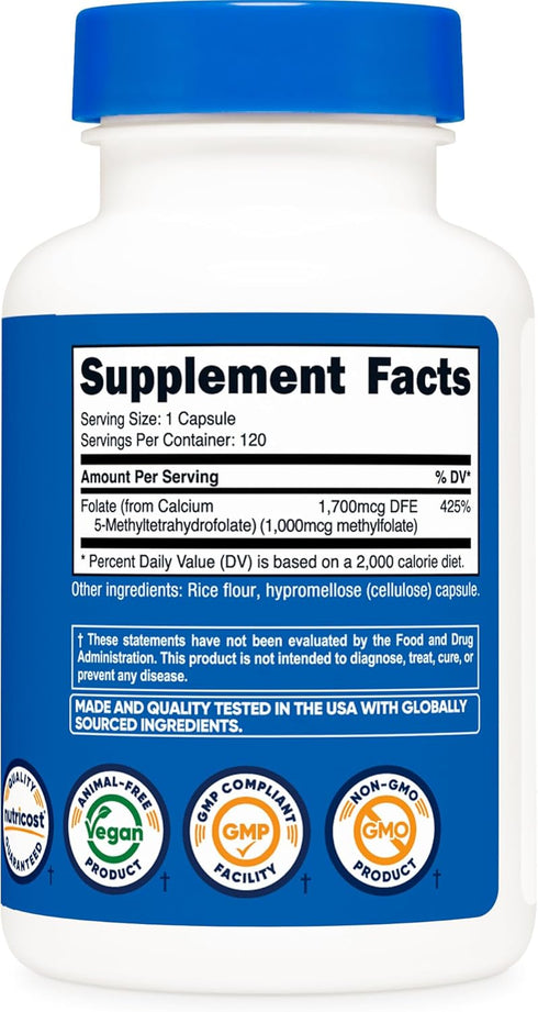 Nutricost Methylfolate 1000mcg - 120 Vegetarian Capsules Gluten Free, Non-GMO for Methylation Support