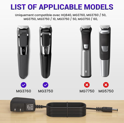 Replacement Charger for Philips Norelco Multigroom Series 3000 HQ840, MG3750/10, MG3750/50, MG3750/60, MG3760