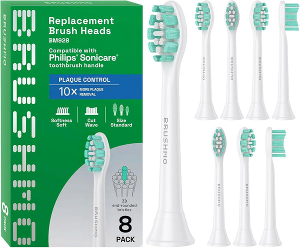 Brushmo Plaque Control Replacement Toothbrush Heads, 8 Standard Soft Dupont Bristles, Compatible with Philips