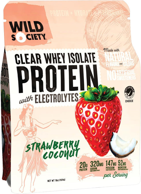 WILD SOCIETY Premium Clear Whey Protein + Electrolytes, Strawberry Coconut, 16 oz