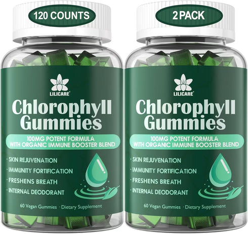 Sugar Free Chlorophyll Gummies with ACV, Sea Moss & Elderberry, Immune & Digestion Support, 2 Pack