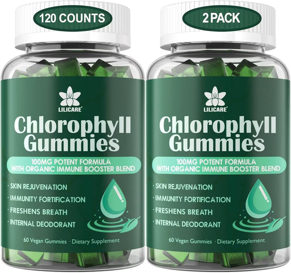 Sugar Free Chlorophyll Gummies with ACV, Sea Moss & Elderberry, Immune & Digestion Support, 2 Pack