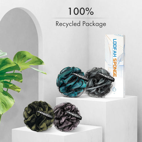 AmazerBath Charcoal Loofah Sponge, Shower Loofah 60g/PCS, Set of 4 - Charcoal Blue, Gray, Pink & Army Green, Bath