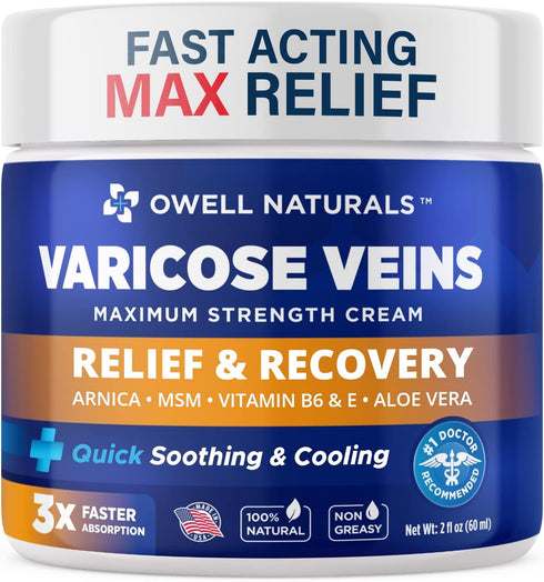 OWELL NATURALS Varicose Vein Cream for Legs - 2oz Maximum Strength All Natural Discomfort Reliever for Muscle