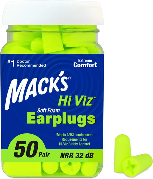 Mack’s Hi Viz Soft Foam Earplugs, 50 Pair, 32dB High NRR, Comfortable Ear Plugs for Shop Work, Industrial Use