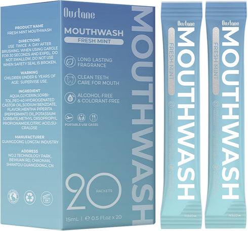 OUSTANE 15ml Packets, (20) Travel Size Fresh Mint Mouthwash, Alcohol-Free, Portable Long-Lasting Freshness