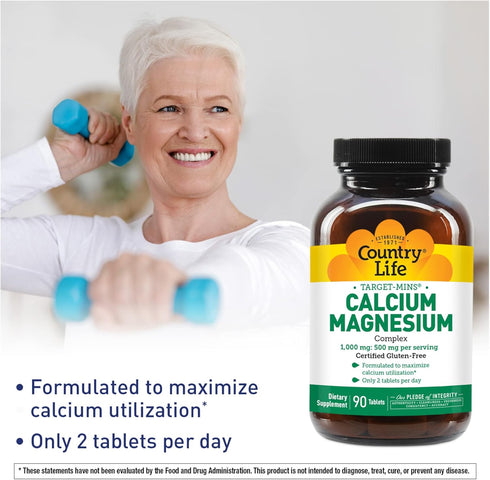 Country Life Target-Mins Calcium Magnesium Complex 1000mg/500mg - 90 Tablets, Certified Vegan & Gluten Free