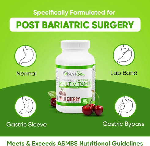 BariSlim Advanced Chewable Bariatric Multivitamin Tablets - Wild Cherry, 60 Count, Post Bariatric Surgery Supplement