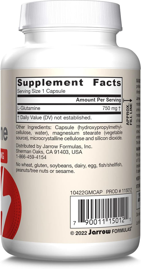 Jarrow Formulas L-Glutamine 750 mg, 120 Veggie Capsules for Immune and Muscle Support