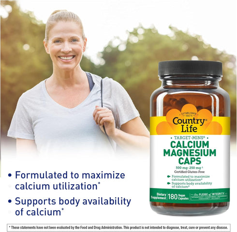 Country Life Target-Mins Calcium Magnesium Caps, 500mg: 250mg, 180 Certified Vegan Capsules, Certified Gluten Free