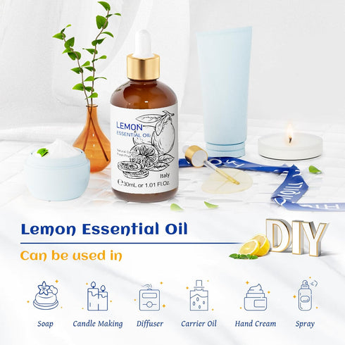 100% Pure Undiluted Lemon Essential Oil 1 Fl Oz - For Skin, Cleaning & Diffuser