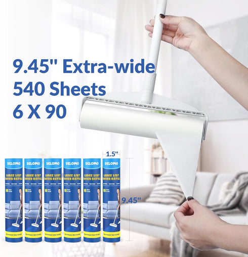 Lint Roller Refills - DELOMO Large Lint Roller Refill (6 Packs 540 Sheets) for Pet Hair, Cleaning Carpets and Clothing