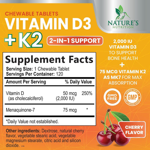 Vitamin D3 K2 as MK-7 with 2000iu of D3 & 75mcg K2, Vitamin K2 D3 Bone Strength Supplements Support Calcium Absorbtion for Teeth & Bone Health + Muscle & Immune Health Support - 120 Chewable Tablets