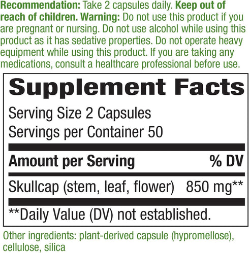 Nature's Way Skullcap Herb - Traditional Herbal Sleep Support* - Skullcap Herb - Non-GMO Project Verified - Gluten Free & Vegan - 100 Vegan Capsules