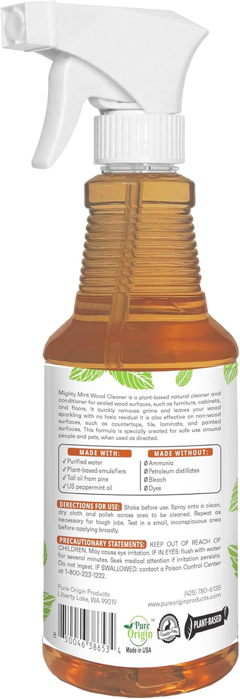 Mighty Mint Wood Cleaner and Conditioner, Non-Toxic Spray Cleans and Renews Wood, Natural Peppermint Scent, 16oz