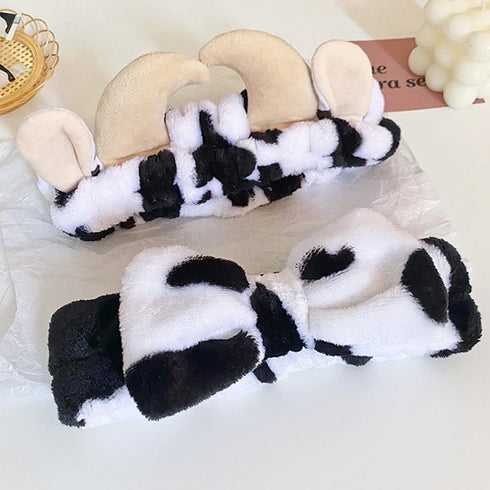 Spa Headband for Women - Plush Hairhoop with Cow Horn Bow Shape, Soft Head Wraps for Facial Makeup, Shower