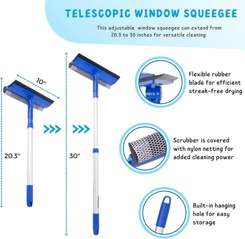 Window Cleaner Tool for Home with Extension Pole 20''-30'', Squeegee for Window Cleaning, Glass Washer for Car Windshield, Shower Doors, Mirror