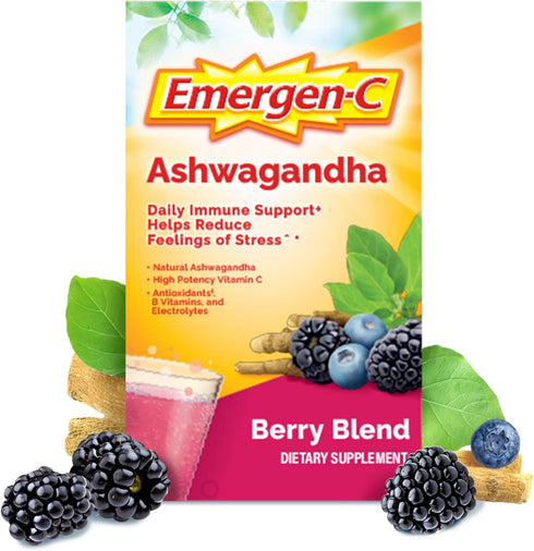 Emergen-C Vitamin C Ashwagandha Drink Mix, 18 Count, Dietary Supplement for Immune Support, Berry Blend