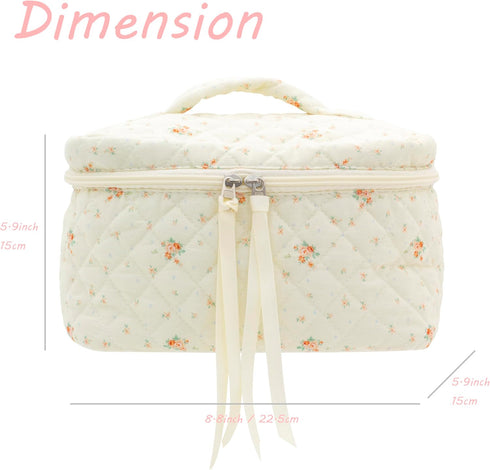 PAZIMIIK Cotton Makeup Bag for Women, Large Quilted Travel Cosmetic Case, Floral White Make Up Organizer for Girls