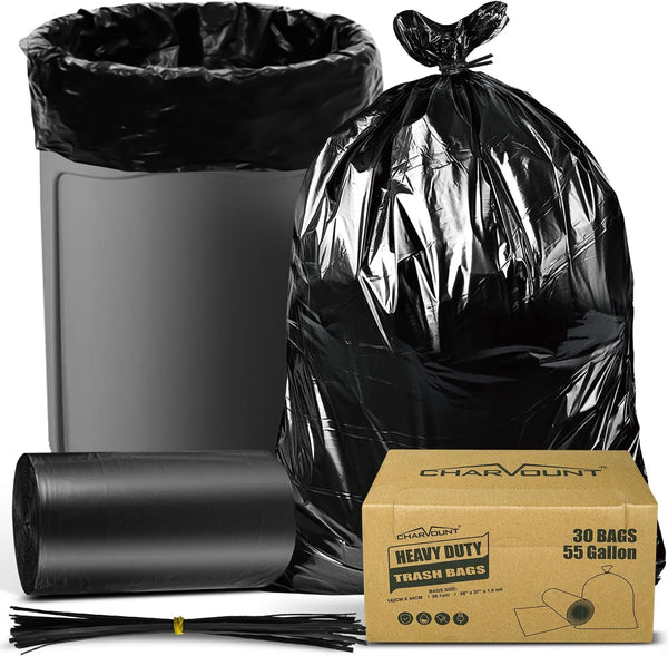 Charmount 55 Gallon Trash Bags, 1.5 Mil, 37"x56", Black Large Heavy Duty Garbage Bags for Yard Work (30 Count)