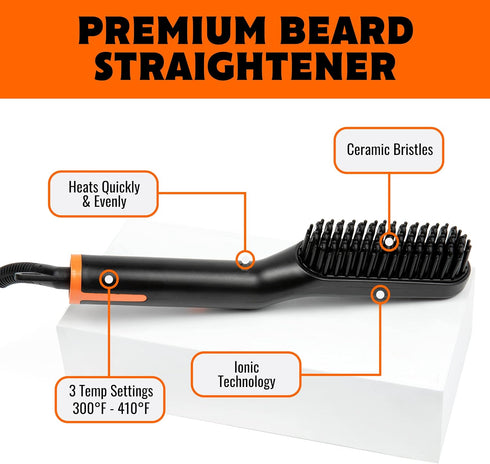 Tame The Wild Premium Beard Straightener - Ionic Anti-Scald Technology - Heated Beard Brush - 3 Temp Settings - Wooden Comb Included - Gift Set