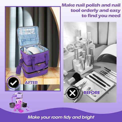 Nail Polish Organizer Case - Purple Three Layer Storage Bag with Adjustable Dividers Holds 84 Bottles Nail Polish Nail