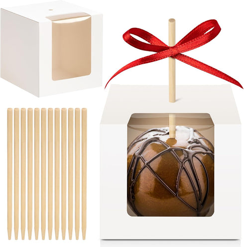 Ocmoiy 30 Pack Candy Apple Boxes with Sticks, 4" x 4" x