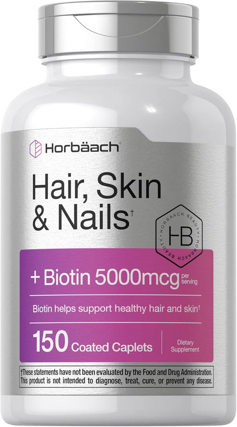 Horbaeach Hair Skin and Nails Vitamins | 150 Caplets with Biotin and Collagen | Non-GMO, Gluten Free Supplement