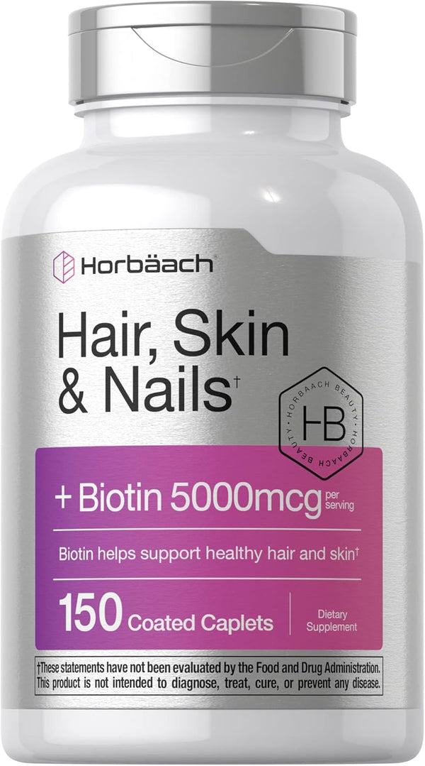 Horbaeach Hair Skin and Nails Vitamins | 150 Caplets with Biotin and Collagen | Non-GMO, Gluten Free Supplement