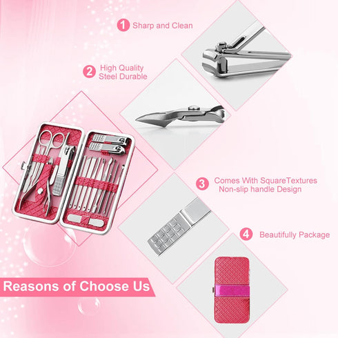 Nail Care Kit Manicure Grooming Set with Travel Case, Yougai 18 Piece (Pink)