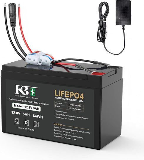 KBT KEEP BETTER TECH KBT 12V 5Ah Rechargeable LiFePO4 Battery, Bare Leads Wire Replacement Battery Pack