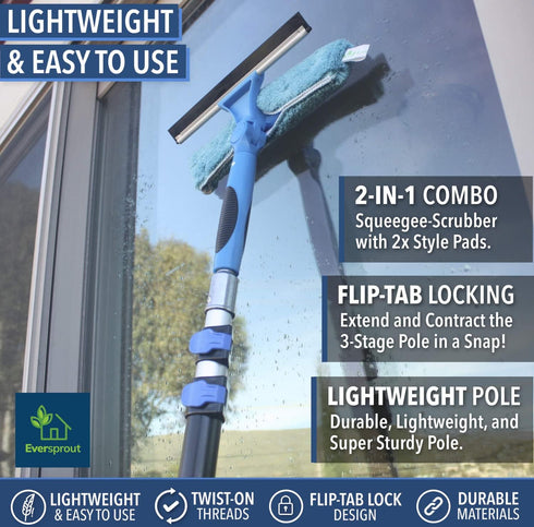 EVERSPROUT 1.5-to-3 Foot Swivel Squeegee and Microfiber Window Scrubber, 2-in-1 Cleaning Combo, Aluminum Pole