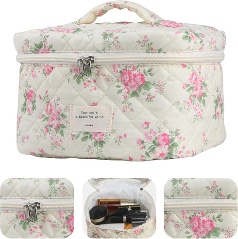 Cute Makeup Bag for Women(3 Pcs), Quilted Floral Coquette Aesthetic Make up Bags, Travel Cosmetic Bags Toiletry Organizer Bag(Pink Flower)