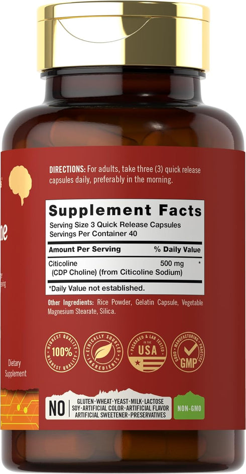 Citicoline 500mg | 120 Capsules | CDP Choline Supplements | Therapeutic Grade | Gluten Free, Non-GMO