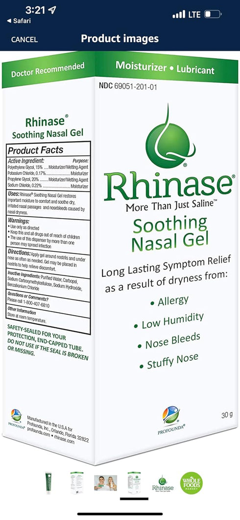 Rhinase (2 Pack) 1 oz Saline Nasal Gel Each - Allergy - Nosebleed - Low Humidity