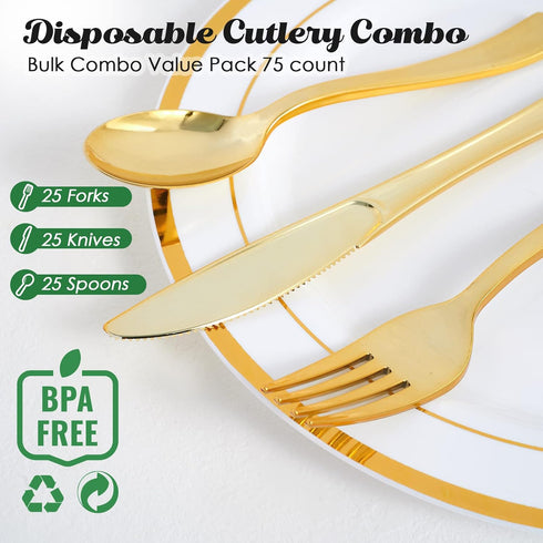 FOCUSLINE 75 Pack Gold Plastic Silverware Disposable Cutlery Set - 25 Forks, 25 Knives, 25 Spoons - Disposable Flatware Heavy Duty Plastic Utensils Set for Catering, Parties, Dinners, Weddings by FOCUSLINE